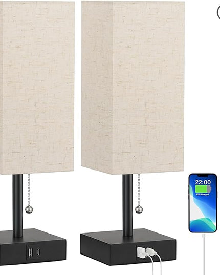 aooshine Bedside Lamps Set of 2 - Beige, USB A and USB C Charging, Pull Chain Control, Bulb NOT Included, Small - LeafyLoom