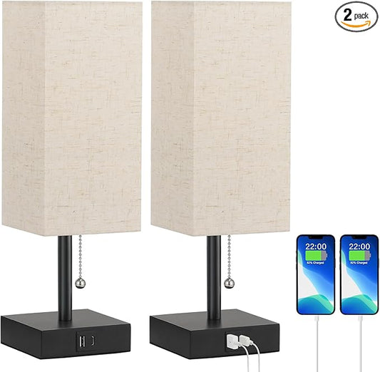aooshine Bedside Lamps Set of 2 - Beige, USB A and USB C Charging, Pull Chain Control, Bulb NOT Included, Small - LeafyLoom