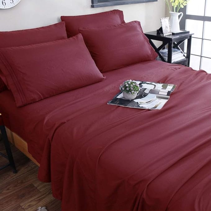 SONORO KATE Bed Sheet Set Super Soft Microfiber 1800 Thread Count Luxury Egyptian Sheets 18-Inch Deep Pocket，Wrinkle and Hypoallergenic-6 Piece (Burgundy, Twin XL-6 Piece) - LeafyLoom
