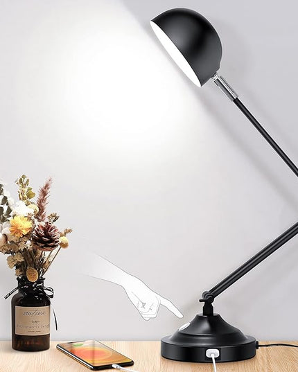 Touch Control LED Desk Lamp with USB Charging Port, Architect Black Metal Lamp with Adjustable Swing Arm, Dimmable Modern Table Lamp for Home Office Reading Study, 3000K/4000K/5000K 3 Color Modes - LeafyLoom