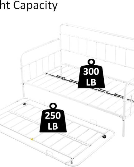 Twin Size Bed W/slats,Metal Frame Daybed with Trundle and Anti-Noise Design,Space-Saving & Easy to Install,for Living Room Bedroom Apartment,White - LeafyLoom