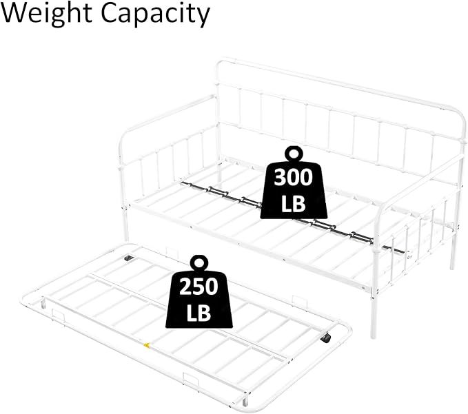 Twin Size Bed W/slats,Metal Frame Daybed with Trundle and Anti-Noise Design,Space-Saving & Easy to Install,for Living Room Bedroom Apartment,White - LeafyLoom