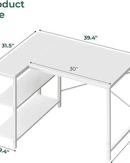 L Shaped Desk, 39 Inches Computer Desk with Reversible Storage Shelves, Gaming Desk, Corner Desk Home Office Desks, Writing Desk Study Desk with Metal Frame, White - LeafyLoom