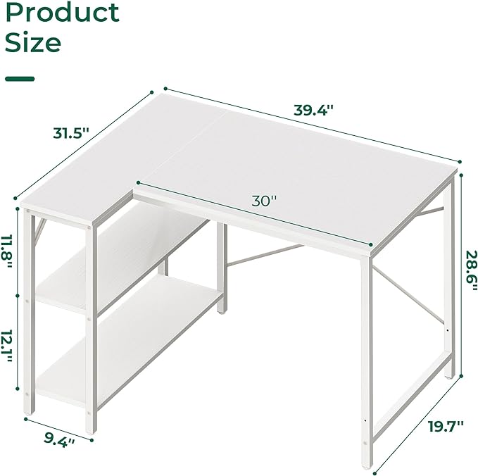 L Shaped Desk, 39 Inches Computer Desk with Reversible Storage Shelves, Gaming Desk, Corner Desk Home Office Desks, Writing Desk Study Desk with Metal Frame, White - LeafyLoom
