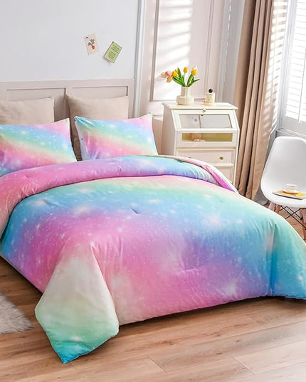 Holawakaka Girls Ombre Glitter Comforter Set, Twin Size Gradient Rainbow Galaxy Print Kids Bedding Sets, Multi-color Ultra-soft Dorm Bed Set (Pink Green, Twin) - LeafyLoom