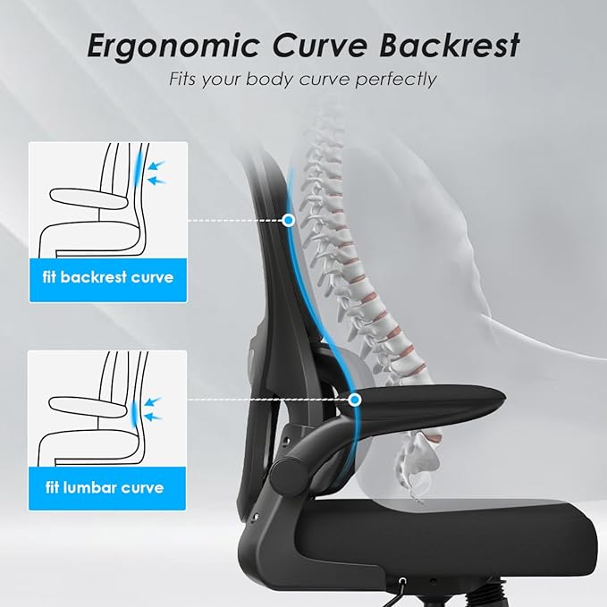 Soohow Ergonomic Home Office Chair, Mesh Desk Chair with Lumbar Support, Comfy Computer Desk Chair with Flip Armrest Rolling Wheels, Black. - LeafyLoom