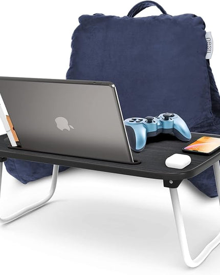 Nestl Reading Pillow with Portable Laptop Lap Desk, Velvet Feel Back Pillow for Sitting in Bed, Shredded Memory Foam Back Support Pillow for Bed, Bed Rest Pillow with Arms, Standard - Navy - LeafyLoom