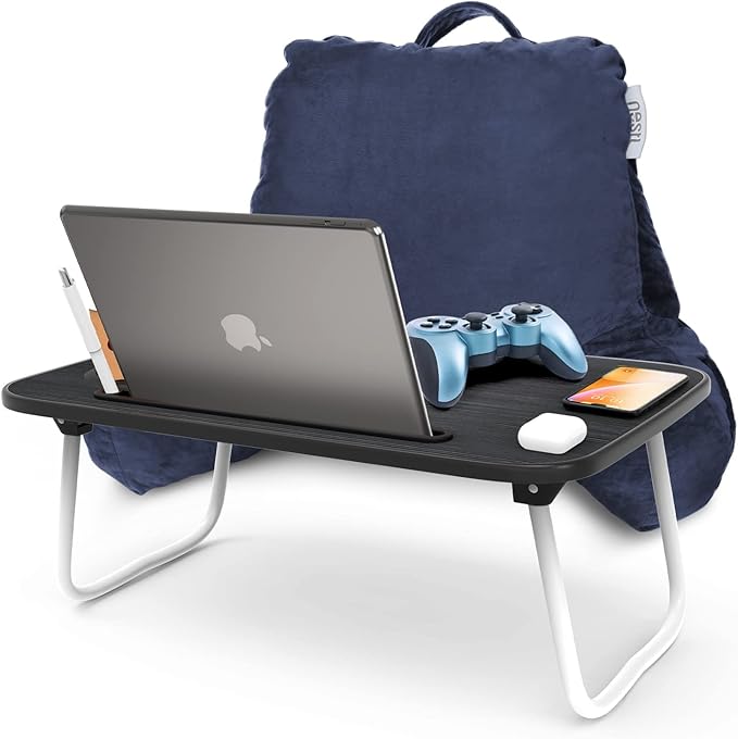 Nestl Reading Pillow with Portable Laptop Lap Desk, Velvet Feel Back Pillow for Sitting in Bed, Shredded Memory Foam Back Support Pillow for Bed, Bed Rest Pillow with Arms, Standard - Navy - LeafyLoom