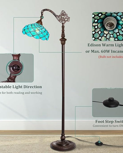 Capulina Tiffany Floor Lamp 62 Inches Tall Seagrass Blue Beads Style Stained Glass Soft Light Arched Gooseneck Adjustable Angle Reading Lamp for Living Room Bedroom Home Office - LeafyLoom