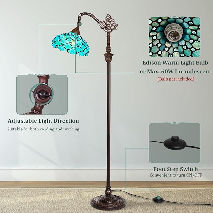 Capulina Tiffany Floor Lamp 62 Inches Tall Seagrass Blue Beads Style Stained Glass Soft Light Arched Gooseneck Adjustable Angle Reading Lamp for Living Room Bedroom Home Office - LeafyLoom