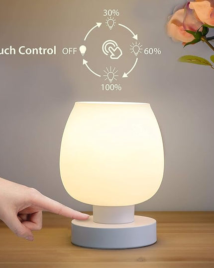 Touch Bedside Table Lamp Set of 2 - Small Modern Table Lamp for Bedroom Living Room Nightstand, 3-Way Dimable Desk lamp with White Opal Glass Lamp Shade, 2700K LED Bulb, Simple Design Home Decor - LeafyLoom