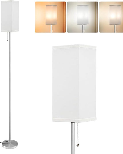 Floor Lamp for Living Room Bedroom - 3 Color Temperature Silver Standing Lamps with Pull Chain Switch, Modern Tall Lamp for Office Home Nursery, Pole Lamp with White Lampshade for Reading - LeafyLoom