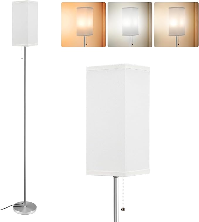 Floor Lamp for Living Room Bedroom - 3 Color Temperature Silver Standing Lamps with Pull Chain Switch, Modern Tall Lamp for Office Home Nursery, Pole Lamp with White Lampshade for Reading - LeafyLoom