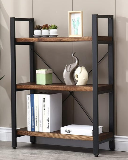 3 Tier Bookcase, Solid Wood Bookshelf Rustic Vintage Industrial Etagere Bookcase, Metal and Wood Free Vintage Bookshelf, Retro Brown (Real Wood) (3-Tier) - LeafyLoom