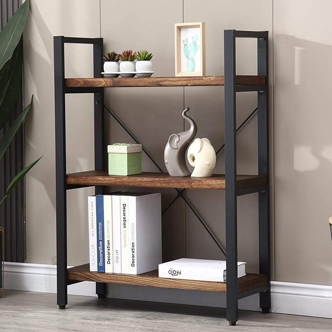 3 Tier Bookcase, Solid Wood Bookshelf Rustic Vintage Industrial Etagere Bookcase, Metal and Wood Free Vintage Bookshelf, Retro Brown (Real Wood) (3-Tier) - LeafyLoom