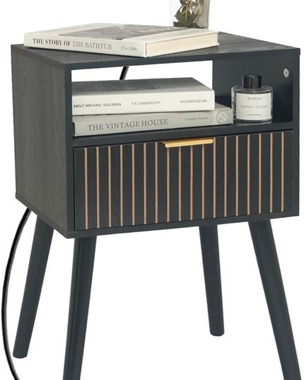 Black Nightstand with Charging Station, Mid Century Modern Bedside Table with Open Shelf and Storage Drawer, End Table with Solid Wood Legs, Black - LeafyLoom