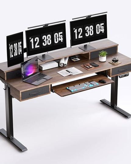 Electric Standing Desk, Multifunctional Standing Desk Adjustable Height, 63 * 24 Standing Desk with 4 Drawers, Ergonomic Adjustable Standing Desk with Keyboard Tray, Rustic Brown - LeafyLoom