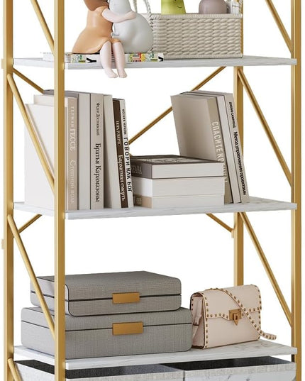 5 Tier Industrial Bookcase Shelf for Bedroom/Living Room/Home Office,Rustic Tall Storage Rack with 2 Drawers,Open Display Standing Shelf Units Shelves for Books and Movies, 22.4 in (Gold,2 Drawers) - LeafyLoom
