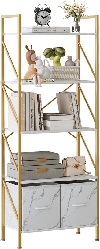 5 Tier Industrial Bookcase Shelf for Bedroom/Living Room/Home Office,Rustic Tall Storage Rack with 2 Drawers,Open Display Standing Shelf Units Shelves for Books and Movies, 22.4 in (Gold,2 Drawers) - LeafyLoom
