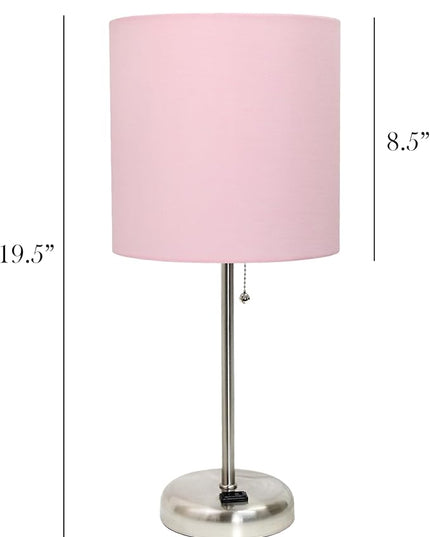 Simple Designs LT1144-LPK Sleek and Slender Brushed Steel Table Lamp with Charging Outlet, for Bedroom, Living Room, Entryway, Office, Dining Room, Study, Light Pink Shade - LeafyLoom