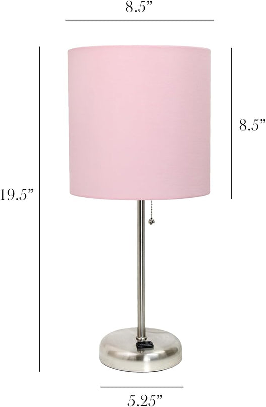 Simple Designs LT1144-LPK Sleek and Slender Brushed Steel Table Lamp with Charging Outlet, for Bedroom, Living Room, Entryway, Office, Dining Room, Study, Light Pink Shade - LeafyLoom