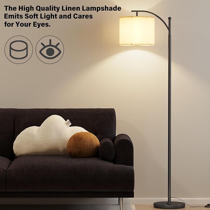 SUNMORY Arc Floor Lamp,Modern Floor Lamp with 9W 3 Color Temperatures Bulb,Metal Standing Lamps with Adjustable Hanging Lampshade,Tall Floor Lamps for Living Room,Bedroom,Office (Black) - LeafyLoom