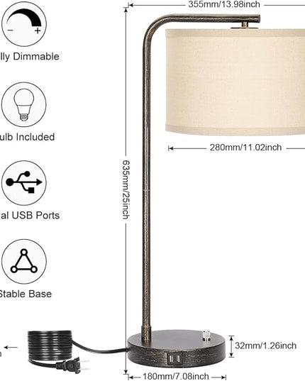 USB Bedside Lamp, Industrial Side Table Lamp with Dual USB Charging Ports, Fully Dimmable Nightstand Lamp, Tall Reading Lamp Desk Lamp for Bedroom, Living Room, Office, 9W LED Bulb Included - LeafyLoom
