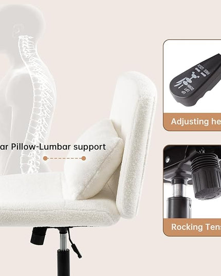 Boucle Criss Cross Armless Home Office Chair with Replaceable Wheels/Fixed Base and Back Support for Living Room, Wide Seat Adjustable Legged Swivel Chair, Comfy Computer Chair for Vanity, White - LeafyLoom