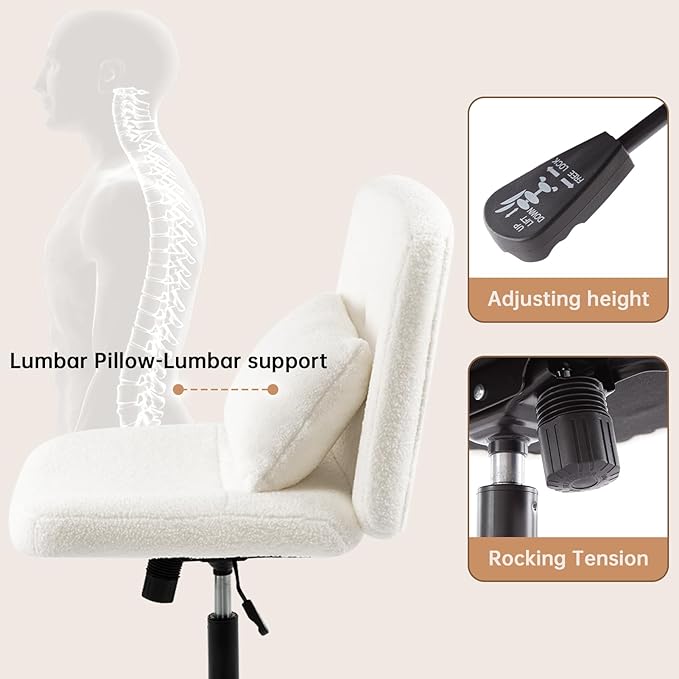 Boucle Criss Cross Armless Home Office Chair with Replaceable Wheels/Fixed Base and Back Support for Living Room, Wide Seat Adjustable Legged Swivel Chair, Comfy Computer Chair for Vanity, White - LeafyLoom