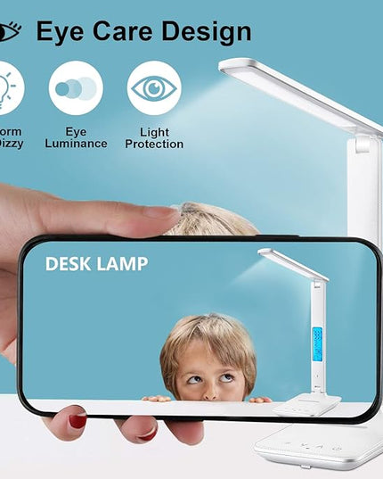 LAOPAO LED Desk Lamp with Wireless Charger, USB Charging Port, Adjustable Foldable Table Lamp with Clock, Alarm, Date, Temperature, 5-Level Dimmable Lighting, Office Lamp with Adapter, White - LeafyLoom