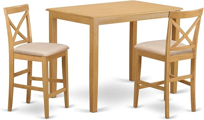 East West Furniture YAPB3-OAK-C 3 Piece Kitchen Counter Set for Small Spaces Contains a Rectangle Dining Room Table and 2 Linen Fabric Upholstered Dining Chairs, 30x48 Inch, Oak - LeafyLoom
