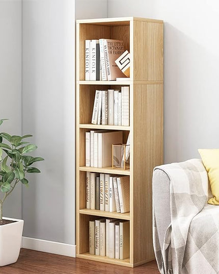 IOTXY Small Narrow Corner Bookcase - 47 Inches Tall Gap Freestanding Storage Cabinet, 5 Lattices Open Shelves Tower Rack, Cubes Bookshelf in Oak - LeafyLoom