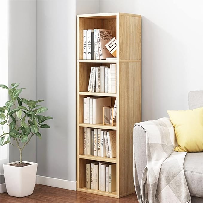 IOTXY Small Narrow Corner Bookcase - 47 Inches Tall Gap Freestanding Storage Cabinet, 5 Lattices Open Shelves Tower Rack, Cubes Bookshelf in Oak - LeafyLoom