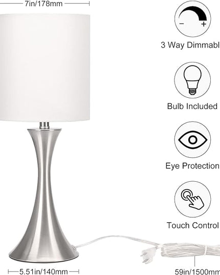 Touch Control Table Lamp, 3-Way Dimmable Bedside Lamp for Living Room, Modern Nightstand Lamp for Bedroom, Silver Table Lamp with White Shade, Desk Lamp for Dorm, Home, Office, 3000K LED Bulb Included - LeafyLoom