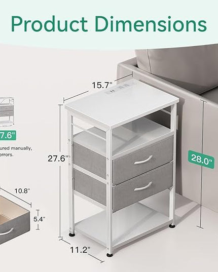 AODK Night Stand with Charging Station, End Table for Bedroom Tall Nightstand with Drawers, Small Nightstand for Bedroom, 4-Tier Storage Bedside Table, White and Light Grey - LeafyLoom