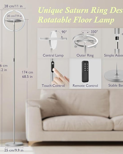 FIMEI Modern LED Floor Lamp Saturn Ring Original Design, Stepless Dimming and 3 Color Temperature, Rotatable and Independent Control of Round Light and Ring Light for Living Room Bedroom Office, Gray - LeafyLoom