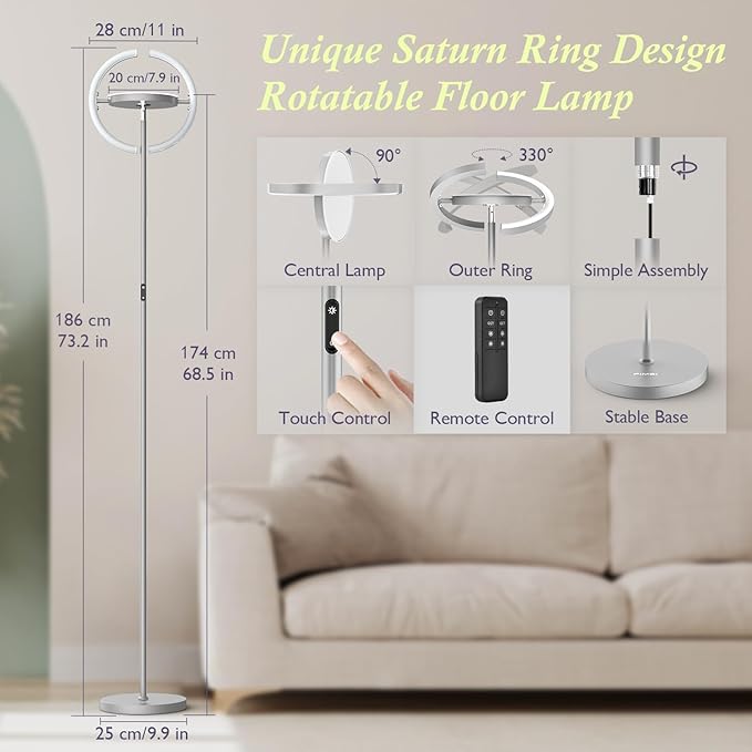 FIMEI Modern LED Floor Lamp Saturn Ring Original Design, Stepless Dimming and 3 Color Temperature, Rotatable and Independent Control of Round Light and Ring Light for Living Room Bedroom Office, Gray - LeafyLoom