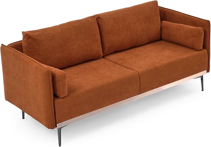 Modern Linen Upholstered 3-Seat Sofa Couch with Stainless Steel Trim and Metal Legs for Living Room, 2 Pillows Included, 72.83", Orange-119 - LeafyLoom