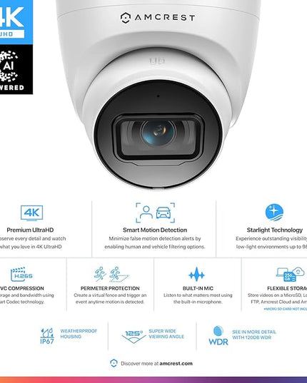 Amcrest UltraHD 4K (8MP) Outdoor Security IP Turret PoE Camera, 3840x2160, 98ft NightVision, 2.8mm Lens, IP67 Weatherproof, MicroSD Recording (256GB), White Amcrest
