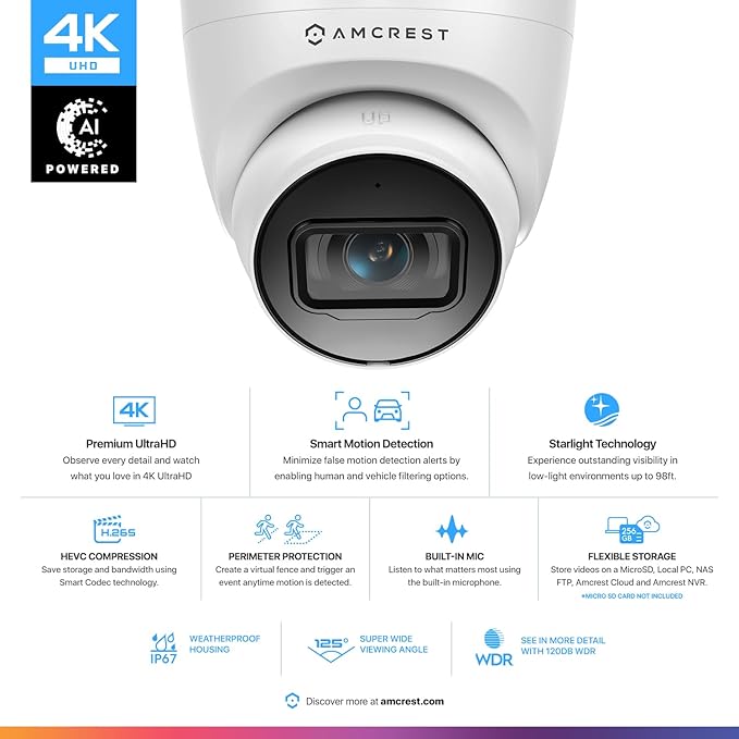 Amcrest UltraHD 4K (8MP) Outdoor Security IP Turret PoE Camera, 3840x2160, 98ft NightVision, 2.8mm Lens, IP67 Weatherproof, MicroSD Recording (256GB), White Amcrest