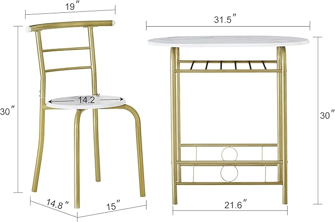 VECELO 3-Piece Dining Table Set for Kitchen Breakfast Nook, Wood Grain Oval Tabletop and Metal Frame with Built-in Wine Rack, for Small Spaces, 31.5", White & Gold - LeafyLoom