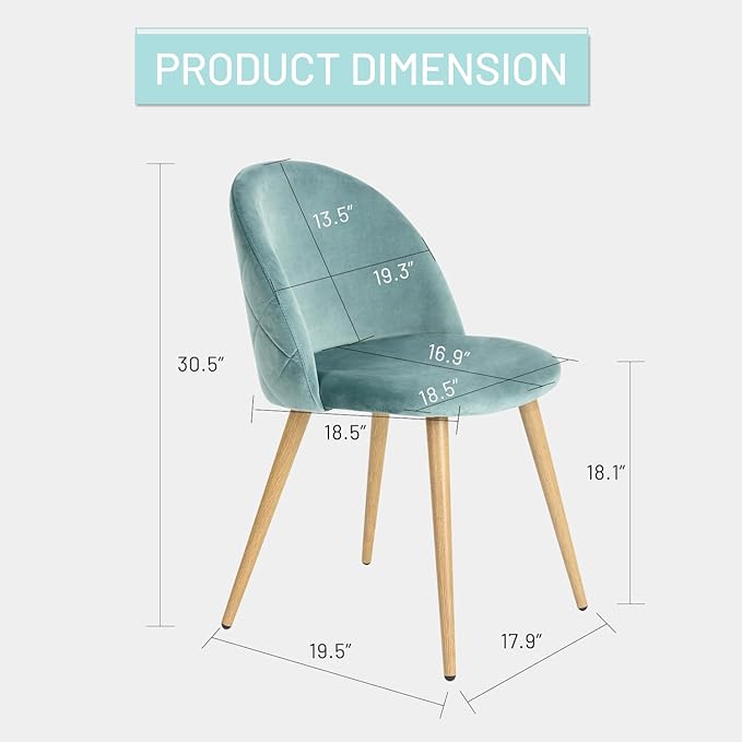 FurnitureR Upholstered Velvet Dining Chair Mid Back Armless with Wood Legs for Home Kitchen Bedroom Living Room, Set of 2, Aqua - LeafyLoom