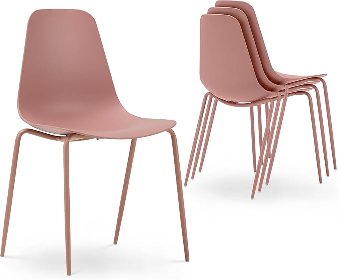 COLAMY Stackable Dining Chairs Set of 4, Indoor Outdoor Dining Room Side Chairs with Metal Legs, Modern Plastic Patio Chairs for Home/Kitchen/Office/Resturant/Bistro/Cafe, Pink - LeafyLoom