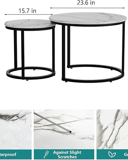 White Nesting Coffee Table Set of 2, 23.6" Round Coffee Table Wood Grain Top with Adjustable Non-Slip Feet, Industrial End Table Side Tables for Living Room Bedroom Balcony Yard - LeafyLoom