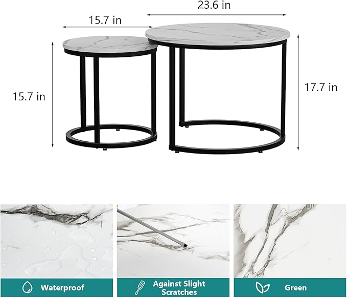 White Nesting Coffee Table Set of 2, 23.6" Round Coffee Table Wood Grain Top with Adjustable Non-Slip Feet, Industrial End Table Side Tables for Living Room Bedroom Balcony Yard - LeafyLoom