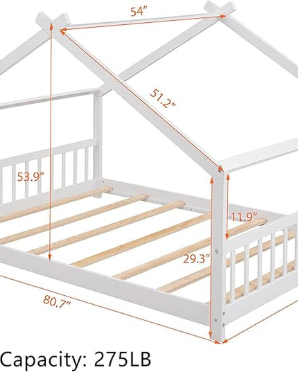 Bellemave Full Montessori Floor Bed Frame, White, Modern Style, No Box Spring Needed, Headboard Included, 275lb Weight Capacity - LeafyLoom
