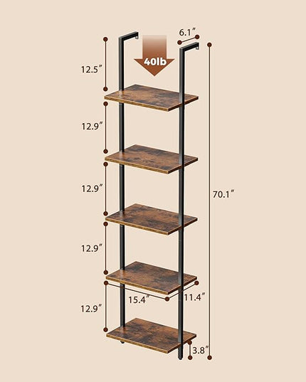 SUPERJARE 5-Tier Bookshelf, Narrow Book Shelf Set of 2, Open Wall-Mounted Ladder Shelf with Metal Frame, Display Bookcase for Home Office, Bedroom, Rustic Brown - LeafyLoom