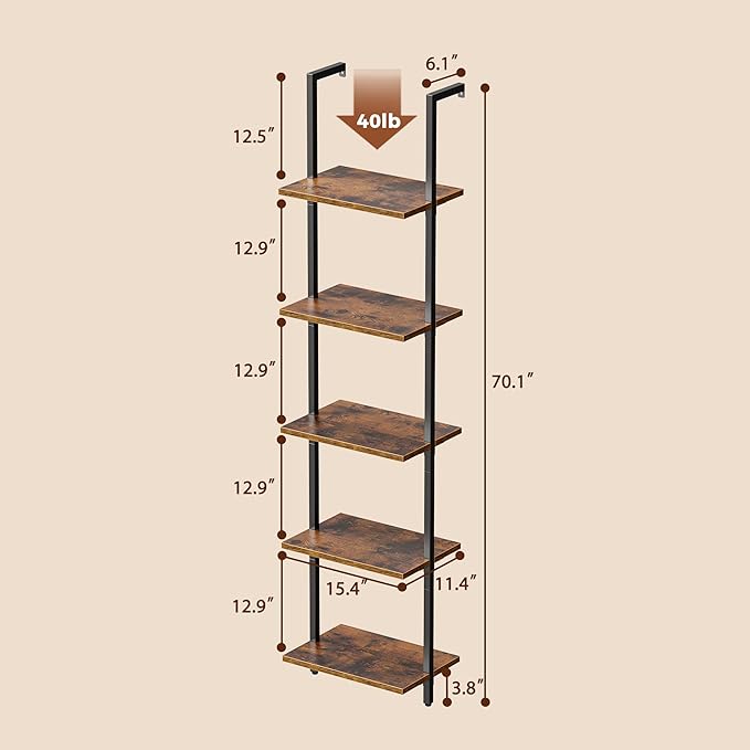 SUPERJARE 5-Tier Bookshelf, Narrow Book Shelf Set of 2, Open Wall-Mounted Ladder Shelf with Metal Frame, Display Bookcase for Home Office, Bedroom, Rustic Brown - LeafyLoom