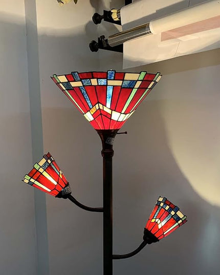 Bieye L10835 Mission Tiffany Style Stained Glass Floor Lamp for Reading Working Decorating, 3-Lights, 70 inches Tall - LeafyLoom