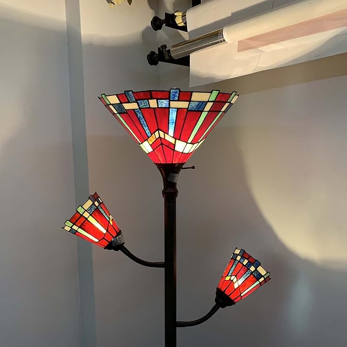 Bieye L10835 Mission Tiffany Style Stained Glass Floor Lamp for Reading Working Decorating, 3-Lights, 70 inches Tall - LeafyLoom